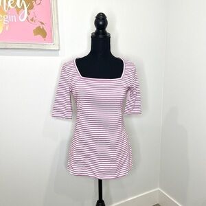 Halogen Lilac Square Neck Striped 3/4 Sleeve Top